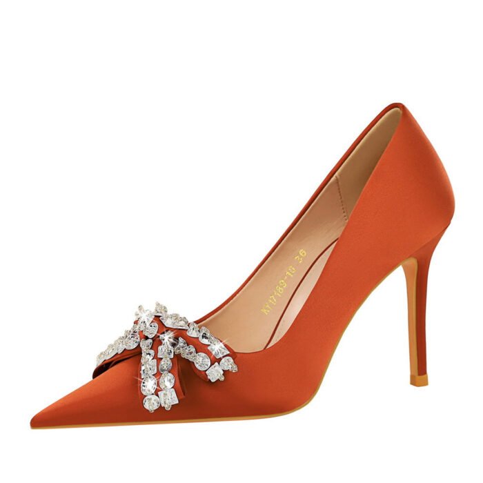 BIGTREE SHOES 1983-H10 European and American Sexy Banquet High Heels Stiletto Heel Shallow Mouth Pointed Toe Satin Rhinestone Bow Pumps - Image 5