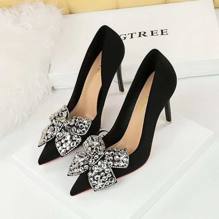 BIG TREE SHOES 18249-h29 European and American Style Banquet High Heels Stiletto Heel Shallow Mouth Pointed Toe Satin Rhinestone Bow High Heel Pumps - Image 2
