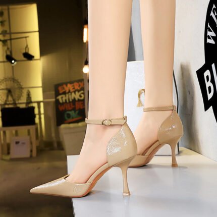 8323-5 European and American Banquet High Heel Low-Cut Pointed Toe Shiny Patent Leather Solid Color Snake Pattern Hollow Hollow-out Strap Sandals BIG TREE SHOES