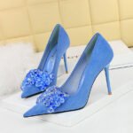 Bigtree Shoes 825-H27 Korean Banquet High Heels Women's Shoes Stiletto Suede Shallow Mouth Pointed Gemstone Rhinestone Bow Pumps