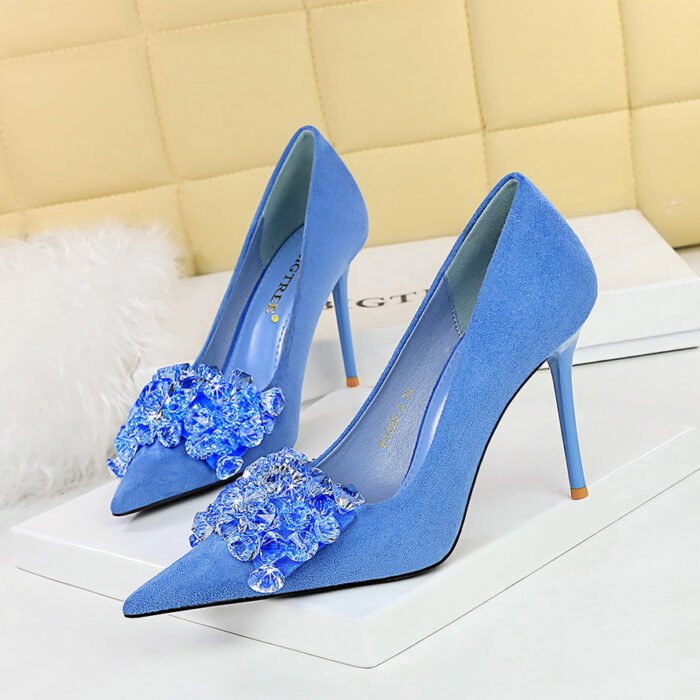 Bigtree Shoes 825-H27 Korean Banquet High Heels Women's Shoes Stiletto Suede Shallow Mouth Pointed Gemstone Rhinestone Bow Pumps - Image 1