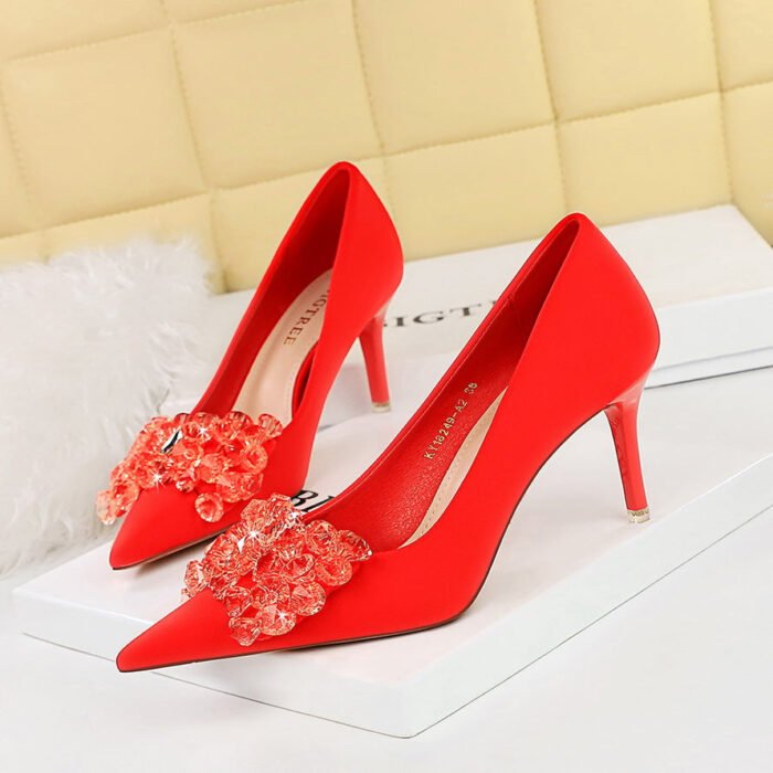 Bigtree Shoes 18249-ah27 European and American Style Banquet High Heels Light Luxury Women's Shoes Satin Shallow Mouth Pointed-Toe Bowknot High Heel Pumps - Image 2