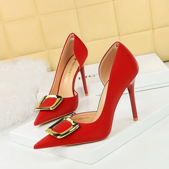 BIG TREE SHOES 626-K7 European and American Style High Heel Stiletto Heel Banquet Women's Shoes Ultra High Heel Shallow Mouth Pointed Side Hollow Metal Buckle Pumps - Image 1