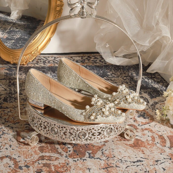 A29-12 Square Toe Low-Cut Pearl Flat Chunky Heel Everyday Joker Low Heel High Grade Bridesmaid Shoes Women - Image 2