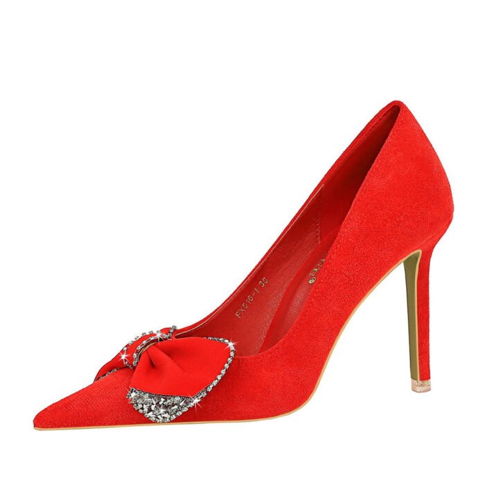 BIGTREE SHOES 516-h31 Korean Style Fashion Banquet High Heels Stiletto Women's Shoes Suede Shallow Mouth Pointed Toe Rhinestone Bow Pumps - Image 5