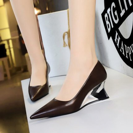 BIGTREE SHOES 2905-2 Women's Shoes Wedge Shoes High Heels Shallow Pointed Toe Metal Wedge Single Shoes High Heels