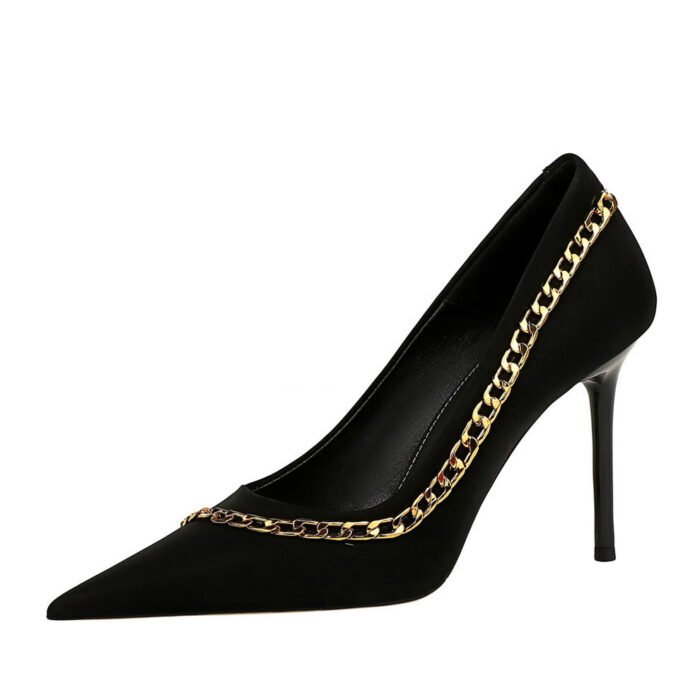 BIG TREE SHOES 3739-2 European and American Sexy Nightclubs Thinner Stiletto Heel Shallow Mouth Pointed-Toe Metal Chain Chain Women's Thin Shoes - Image 5
