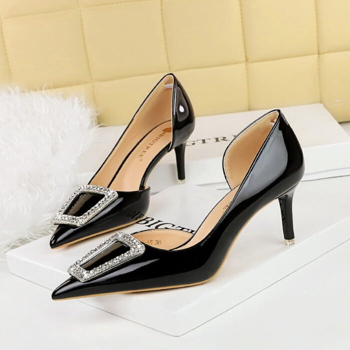 BIGTREE SHOES 638-Ak28 European and American Style Banquet Shiny Patent Leather High Heels Women's Shoes Side Hollow-out Pointed Toe Metal Rhinestone Buckle Pumps - Image 2