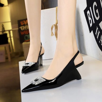 BIGTREE SHOES 1097-k60 European and American Women's Shoes Wedge High Heel Patent Leather Shallow Mouth Pointed Metal Rhinestone Buckle Hollow Back Strap Shoes