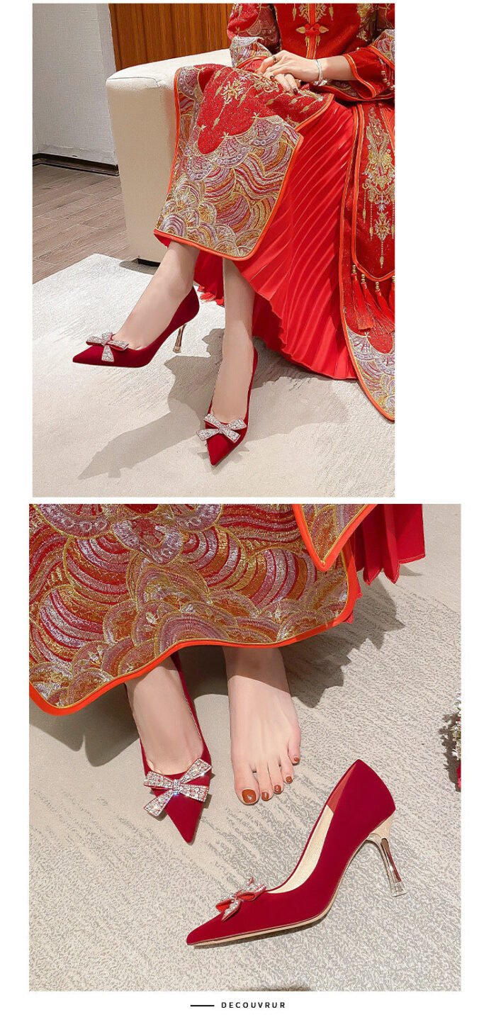 Runnig heels C888-35 Red Wedding Shoes Bridal Shoes Xiuhe Main Wedding Dress Low-Cut Stiletto Heel High Heels - Image 5