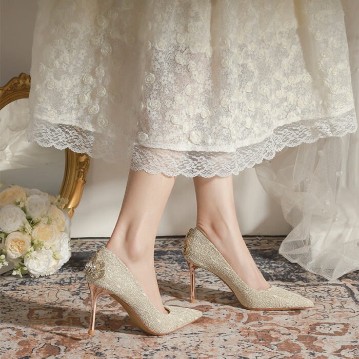 840-1 Heel Rhinestone Crown French Lace Wedding Shoes Bridal Shoes High Heel Shoes Niche High-Grade Stiletto Heel Pumps - Image 2
