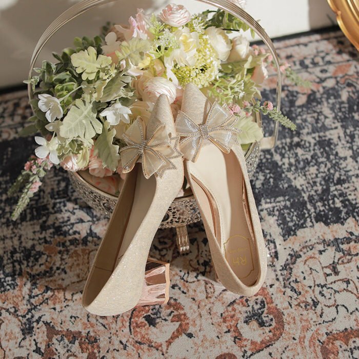 5118-51 Pointed Toe Chunky Heel Shoes Women's Chunky Heel High Sense Xiuhe Wedding Dress Annual Meeting Pumps - Image 2