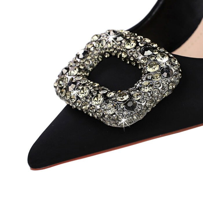 Bigtree Shoes 18249-K83 European and American Banquet High Heels Women's Shoes Satin Shallow Mouth Pointed-Toe Super High Heel Rhinestone Metal Buckle Pumps - Image 3