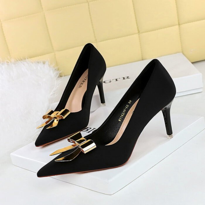 BIGTREE SHOES 18249-AK68 Thin Heel High Heel Satin Shallow Pointed Toe Metal Bowknot Single Shoes - Image 2