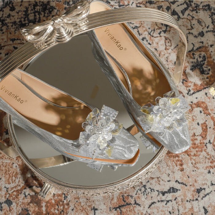228-52 Silver Thin and Glittering Crystal Bow Thick Heel Flat Wedding Shoes Square Toe Bridal Shoes - Image 5