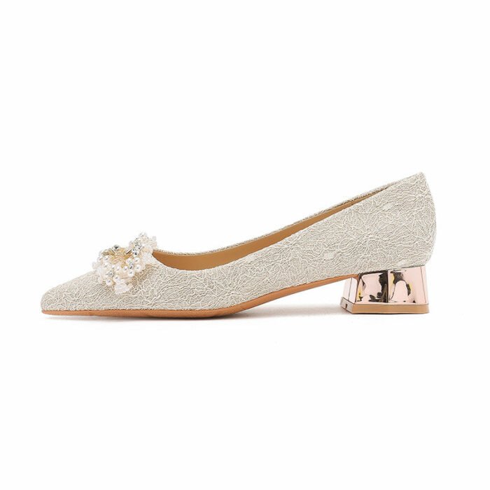 3118-7 French Lace Thick Heel Flat Wedding Shoes One-Word Flower Main Wedding Dress Banquet Two-Way Heel Shoes - Image 5