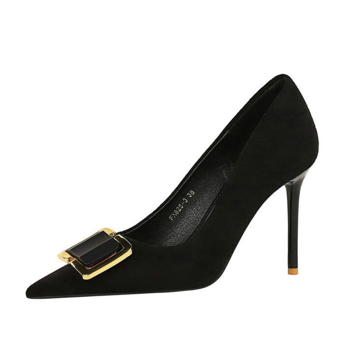 BIGTREE SHOES 825-K57 European and American Style Fashion High Heels Women's Shoes Stiletto Heel Shallow Mouth Pointed Toe Suede Metal Buckle Decoration Pumps Women's - Image 5