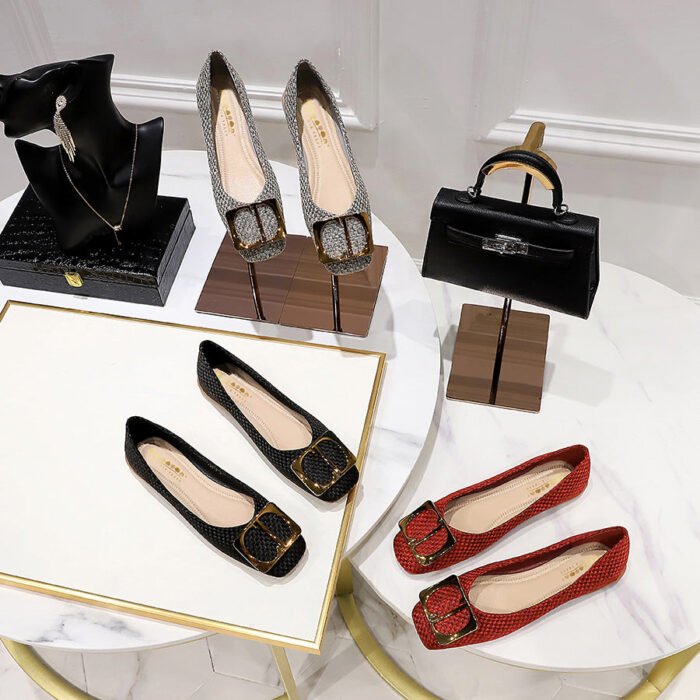 1332-1 Korean Style Spring and Autumn Fashion Sweet Women's Shoes Shallow Mouth Cloth Surface Square Toe Metal Buckle Flat Shoes All-Match Women's Shoes - Image 3