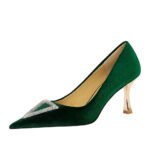 BIGTREE SHOES 1818-K36 European and American Style Banquet High Heels Thickened Suede Shallow Mouth Pointed Triangle Metal Rhinestone Buckle Shoes - Image 5