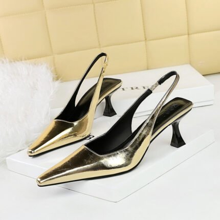 BIGTREE SHOES 2A05 European and American Style Retro Banquet Women's Shoes High Heel Wine Glass Heel Low-Cut Square Toe Hollow Back Strap Back Open Shoes Women