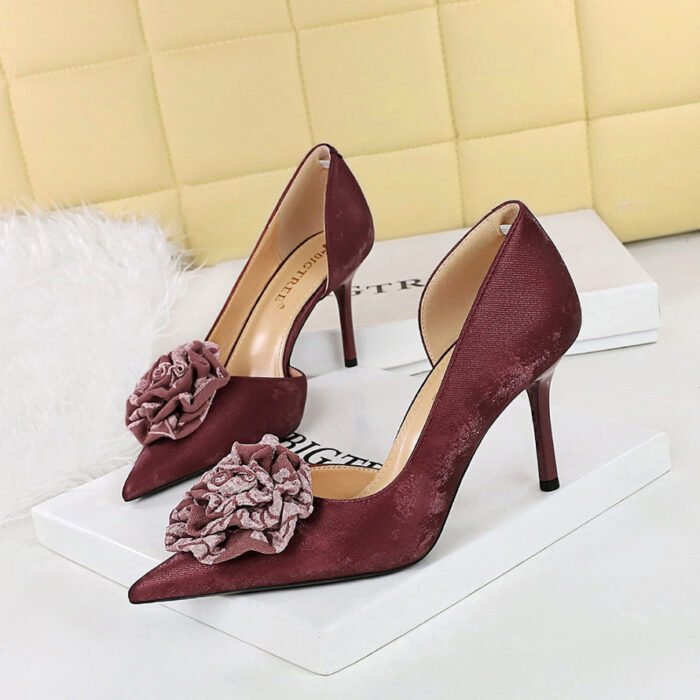 BIGTREE SHOES 8238-H55 National Style Women's Shoes Banquet High Heels Stiletto Heel Shallow Mouth Pointed Toe Side Hollow out Flowers Floral Pumps - Image 1