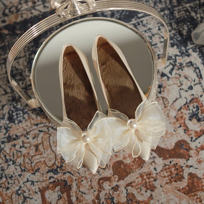 222-60 Pointed High Heels Women's Chunky Heel Wedding Shoes High-Grade Butterfly Wedding Dress Pumps - Image 3