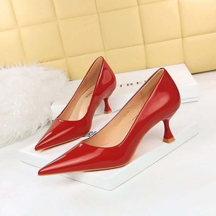 1961-10 European and American Style Spring and Autumn All-Match Business Ol Fashion Simple High Heel Shiny Patent Leather Skinny Women's Shoes Pumps - Image 2