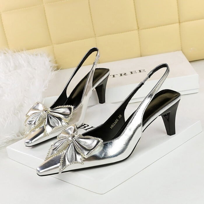 BIGTREE SHOES 2a06-h53 European and American Style Women's Shoes High Heel Low-Cut Square Toe Hollow out Back Strap Empty Rhinestone Bow Pumps - Image 3