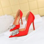BIG TREE 3165-K11 European and American Banquet High Heel Shoes Side Hollow Stiletto Heel Shallow Mouth Pointed Toe Satin Rhinestone Women's Shoes High Heel Pumps - Image 2