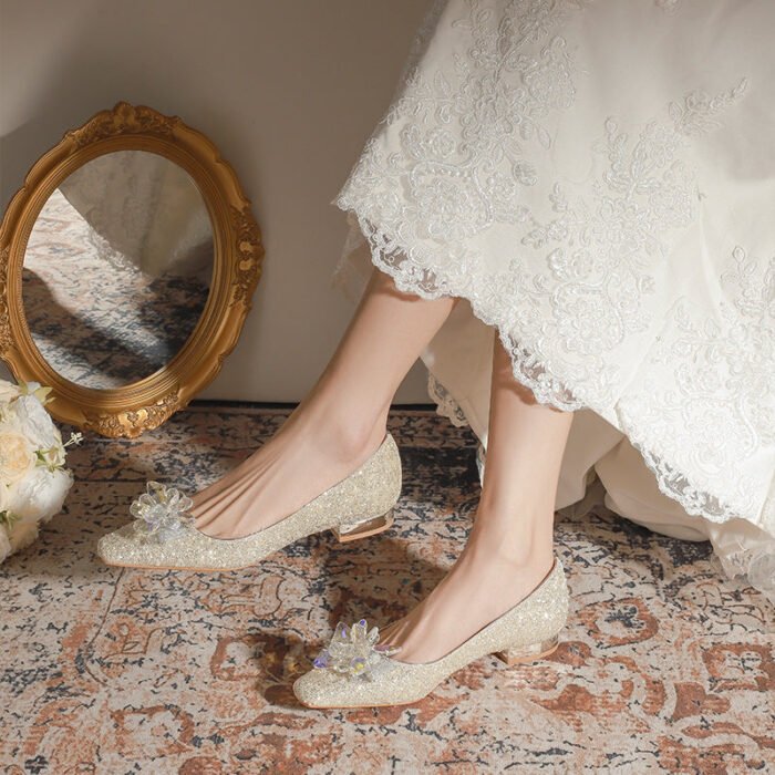 A29-52 Square Head Pearl Flat Chunky Heel Everyday Joker Niche Low Heel High Sense Bridesmaid Shoes Women - Image 4