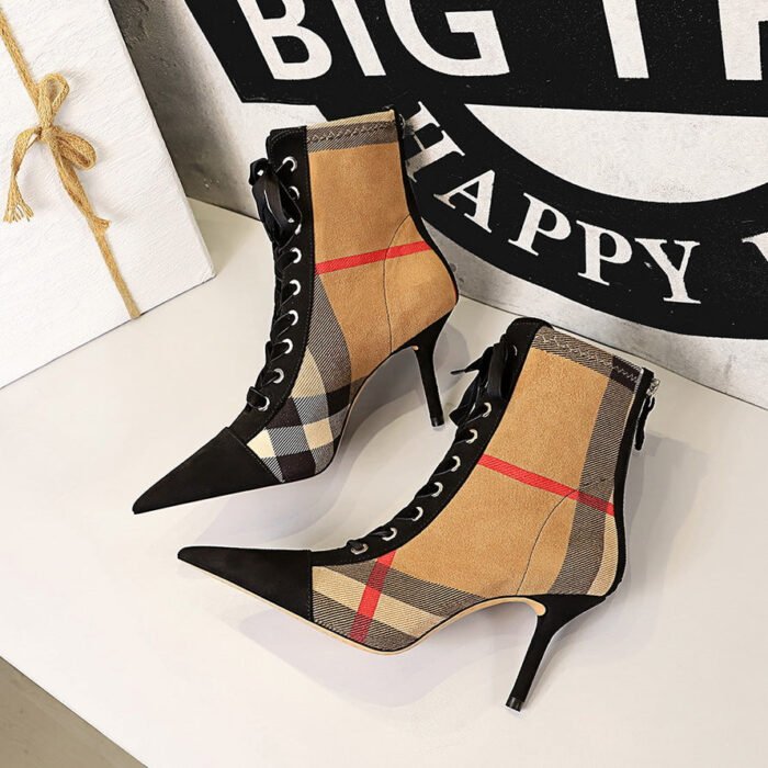 BIG TREE SHOES 8788-13 Korean Style Fashion Stiletto High Heel Pointed Toe Plaid Colorblock Suede Lace-up Trendy Cross Strap Ankle Boots - Image 2