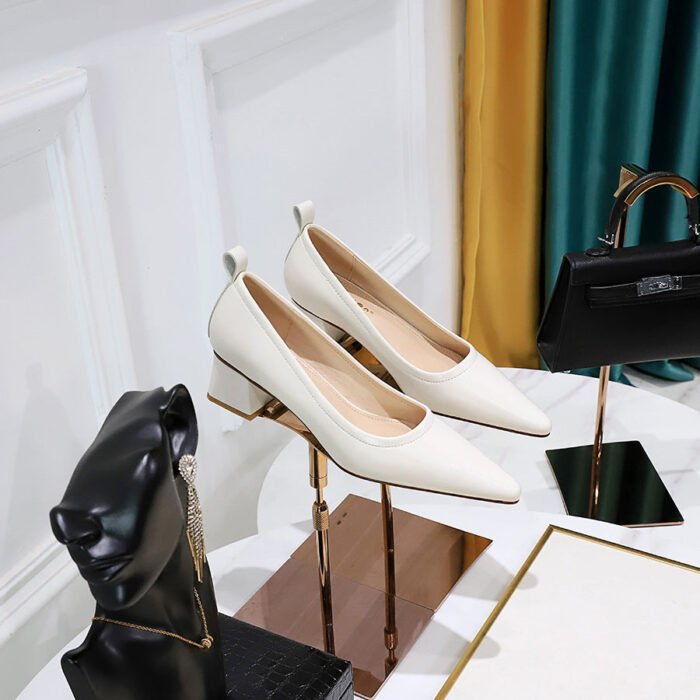 1235-2 Korean Fashion Simple Thick Heel All-Match Kitten Heels Shallow Mouth Pointed Business Ol Office Worker Women's Thin Shoes - Image 1