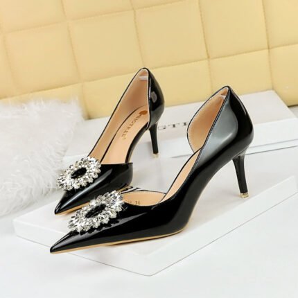 BIG TREE SHOES 638-Ak29 European and American Style Banquet Women's Shoes High Heel Stiletto Low Mouth Pointed Patent Leather Side Hollow out Rhinestone Buckle Pumps Women