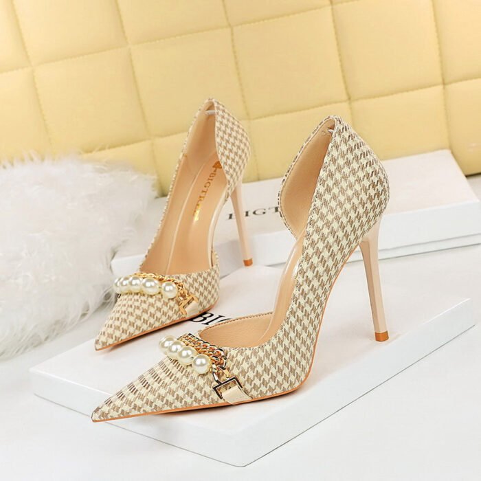 8829-1 Korean version of high-heeled shoes with lattice pattern shallow mouth side hollow houndstooth pearl metal chain super high-heeled shoes - Image 7
