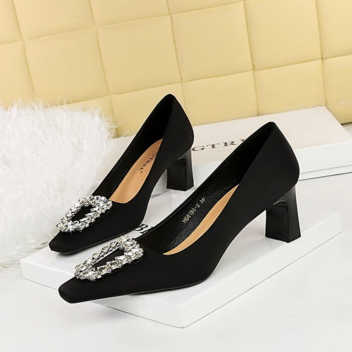 BIGTREE SHOES 6186-k30 European and American Style Banquet Women's Shoes Chunky Heel High Heel Satin Shallow Mouth Square Toe Metal Rhinestone Buckle Pumps Female - Image 2