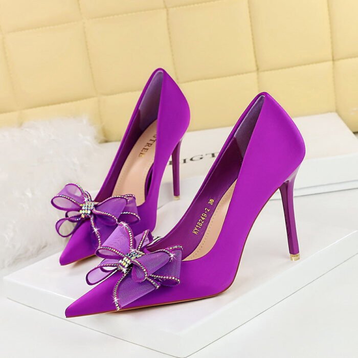 BIGTREE SHOES 18249-h38 European and American Style Banquet High Heels Stiletto Satin Shallow Mouth Pointed Toe Rhinestone Lace Bow Pumps - Image 3