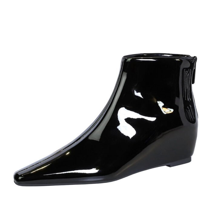 Bigtree Shoes 6632-1 Korean Style Fashion All-Match Height Increasing Insole Wedge Shiny Patent Leather Small Short Pedicure Women's Skim-Fit Boots Ankle Boots - Image 5