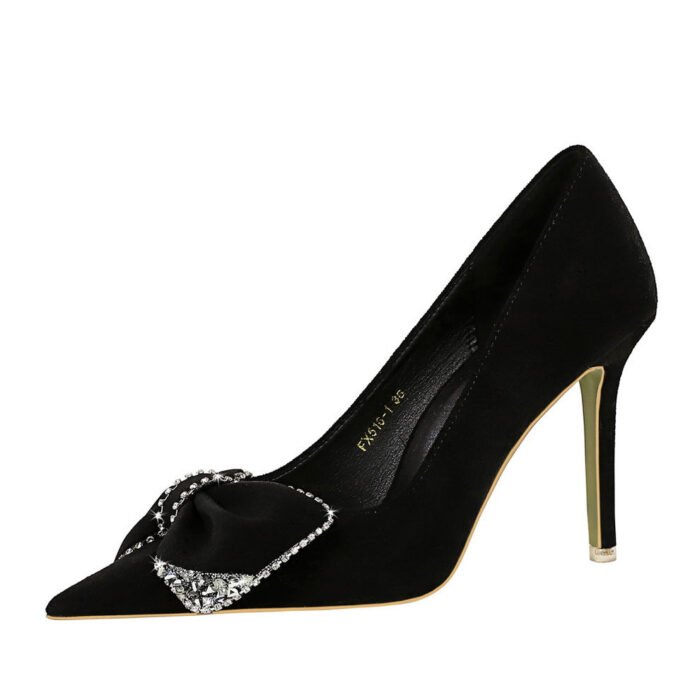 BIGTREE SHOES 516-h31 Korean Style Fashion Banquet High Heels Stiletto Women's Shoes Suede Shallow Mouth Pointed Toe Rhinestone Bow Pumps - Image 4