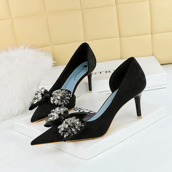 BIG TREE Shoes 6168-AH3 European and American Banquet Nightclubs Thinner Side Hollowed Women's Shoes Shallow Mouth Pointed Toe Rhinestone Bow High Heel Pumps - Image 1