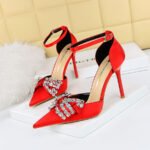 Big Tree Shoes 5198-H1 European and American Style Summer High Heels Women's Shoes Low-Cut Pointed Toe Rhinestone Bow Hollow Strap Sandals - Image 3