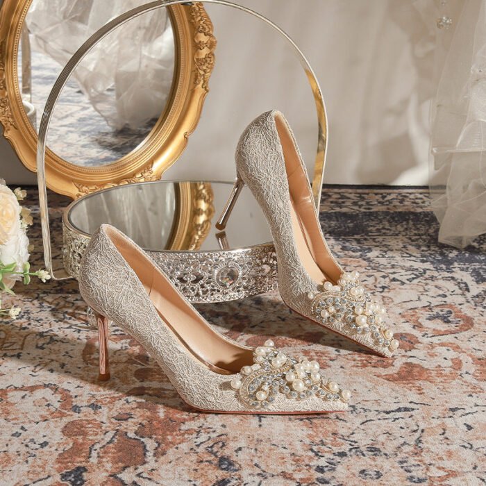 840-12 Rhinestone Pearl High Heels Women Xiuhe Wedding Shoes Stiletto Pointed Toe Large and Small Size Party Shoes - Image 1