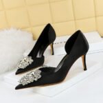 BIG TREE 3265-ak11 Korean Style Fashion Banquet Stiletto Heel Shallow Mouth Pointed Toe Satin Side Hollow Rhinestone Buckle Women's Shoes - Image 3