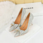 Big Tree Shoes 1829-H5 European and American Style Banquet Women's Shoes Super High Heel Sequin Cloth Shallow Mouth Pointed Toe Rhinestone Bow Pumps - Image 4