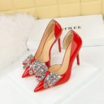 BIG TREE SHOES 638-H21 European and American Style Banquet Women's Shoes Super High Heel Shallow Mouth Pointed Patent Leather Side Hollow Rhinestone Bow Pumps - Image 4