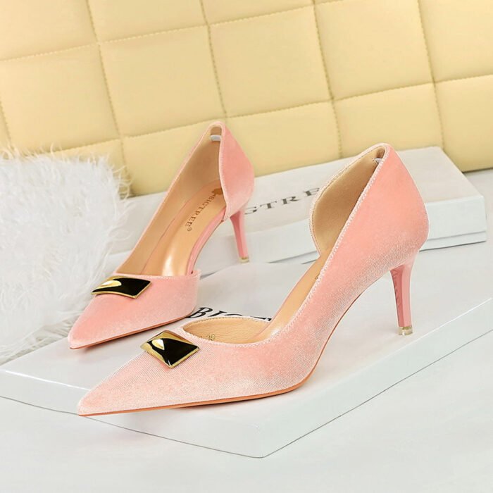 BIGTREE SHOES 1363-AK81 European and American Women's Shoes Stiletto Heel Shallow Mouth Pointed Side Hollow Metal Decoration Thick Suede Pumps - Image 2
