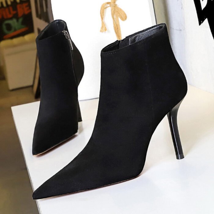 1619-5Suede ankle boots Women's heel winter boots Pointed toe stiletto boots-Bigtree shoes - Image 1
