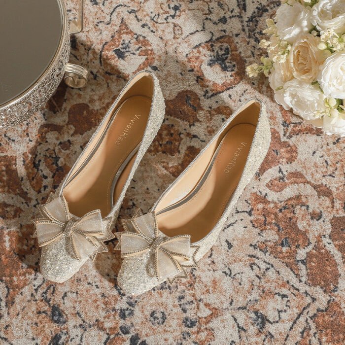 A29-51 Square Head Pearl Flat Chunky Heel Low Heel Niche Advanced Bridesmaid Shoes Women's Wedding Dress Xiuhe Two-Way Wear - Image 1