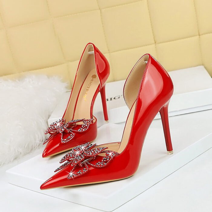BIG TREE SHOES 638-H22 European and American Banquet High Heels Stiletto Heel Shallow Mouth Pointed Toe Rhinestone Bow Side Hollow out Super High Heel Shoes - Image 3