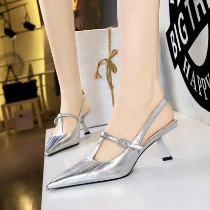 BIGTREE SHOES 070-11 Korean Style Women's Shoes High Heel Low-Cut Pointed Toe T Shape with Rhinestones Buckle Hollow Back Strap Back Open Shoes Female