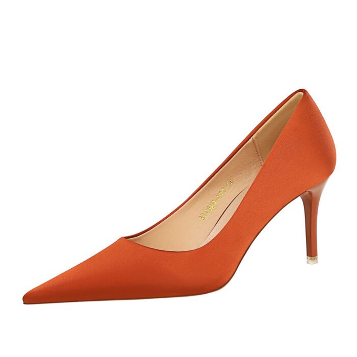 1983-a1 Korean Style Stylish Simple and Versatile High Heels Stiletto Heel Shallow Mouth Pointed Toe Spring and Autumn Satin Women's Shoes BIG TREE SHOES - Image 5